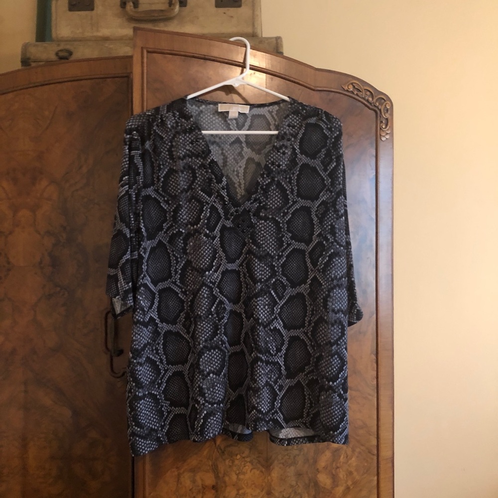 Michael Kors  beaded animal print top half sleeve v neck